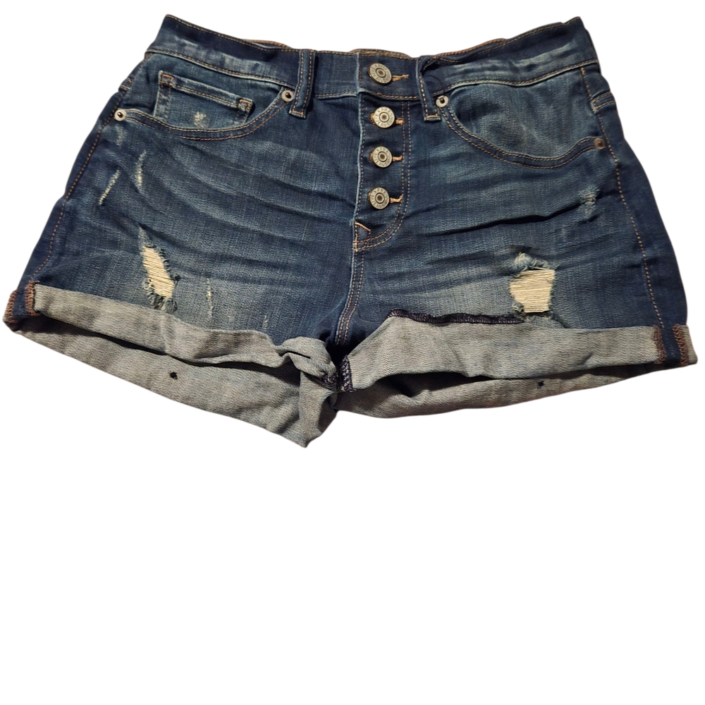 Express Dark Blue Button-Up Distressed Jean Shorts